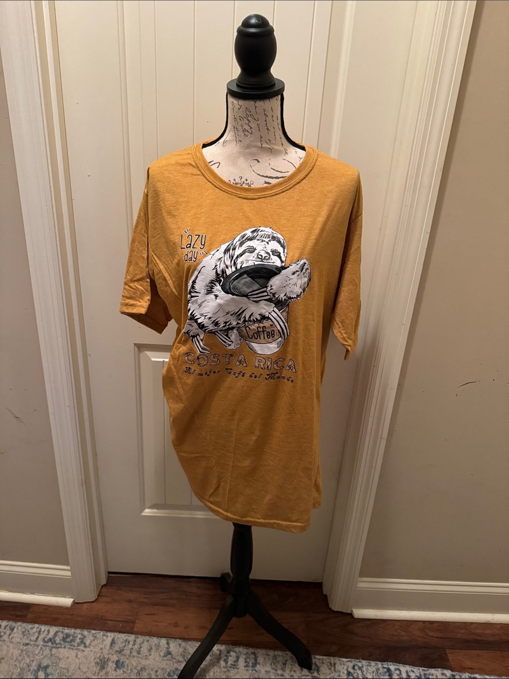 Costa Rica Lazy Day Sloth Coffee Graphic Tee - Mustard